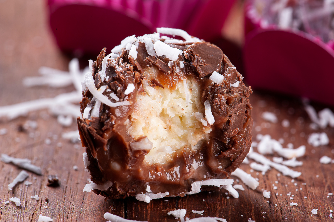 Chocolate gourmet brigadier with coconut. Typical Brazilian sweet.